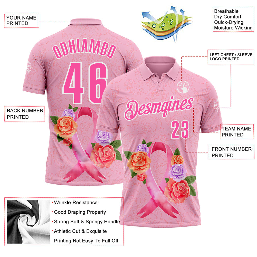 Custom Light Pink Pink-White 3D Pink Ribbon Breast Cancer Awareness Month Women Health Care Support Floral Performance Polo Shirt view 3