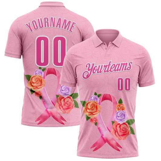 Custom Light Pink Pink-White 3D Pink Ribbon Breast Cancer Awareness Month Women Health Care Support Floral Performance Polo Shirt - Main View