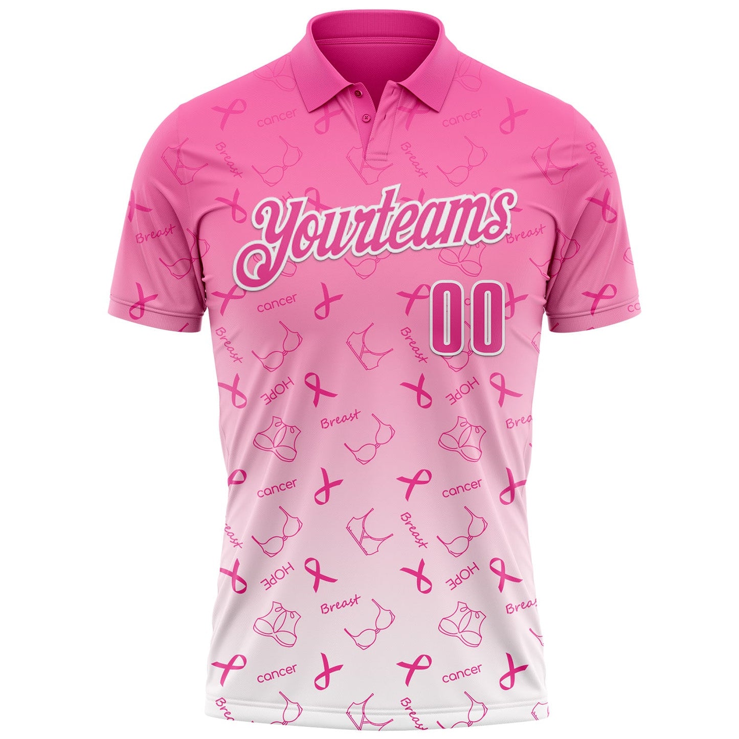Custom Pink White 3D Gradient Pink Ribbon Breast Cancer Awareness Month Women Health Care Support Performance Polo Shirt view 2
