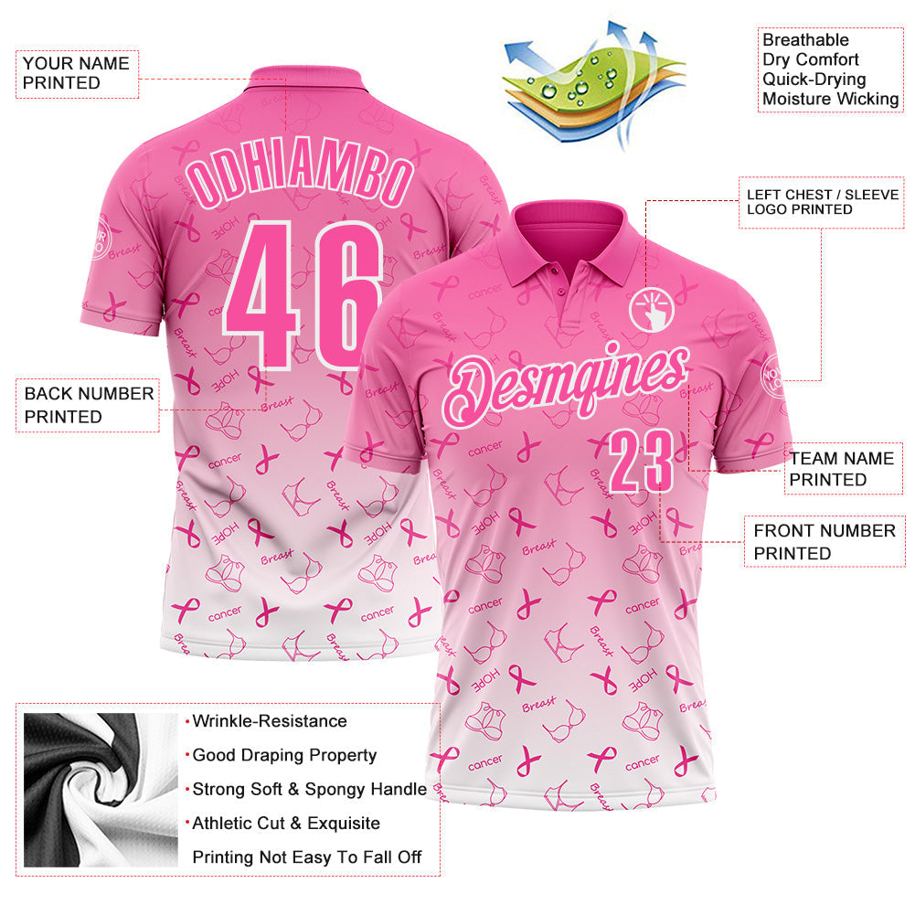 Custom Pink White 3D Gradient Pink Ribbon Breast Cancer Awareness Month Women Health Care Support Performance Polo Shirt view 3