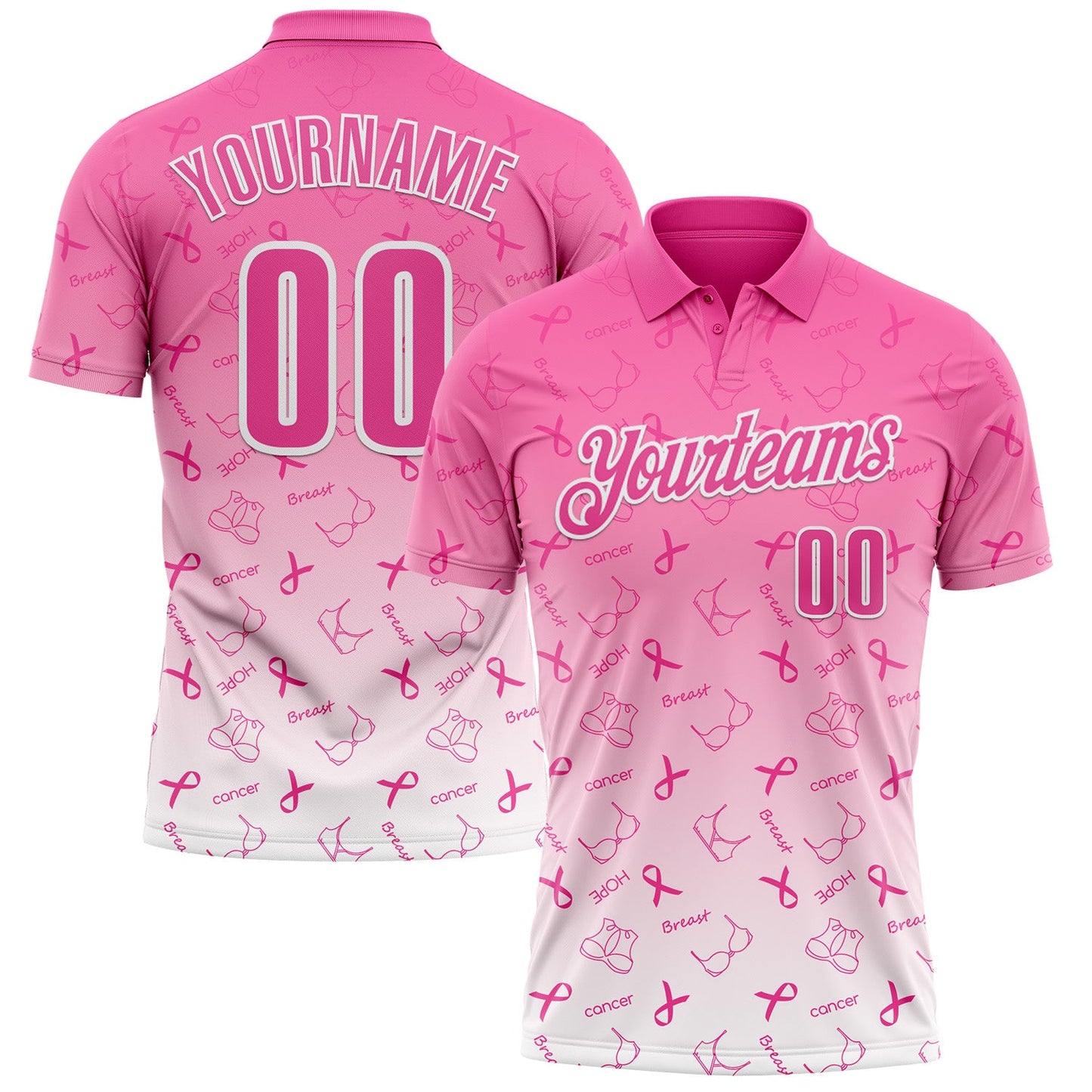 Custom Pink White 3D Gradient Pink Ribbon Breast Cancer Awareness Month Women Health Care Support Performance Polo Shirt - Main View