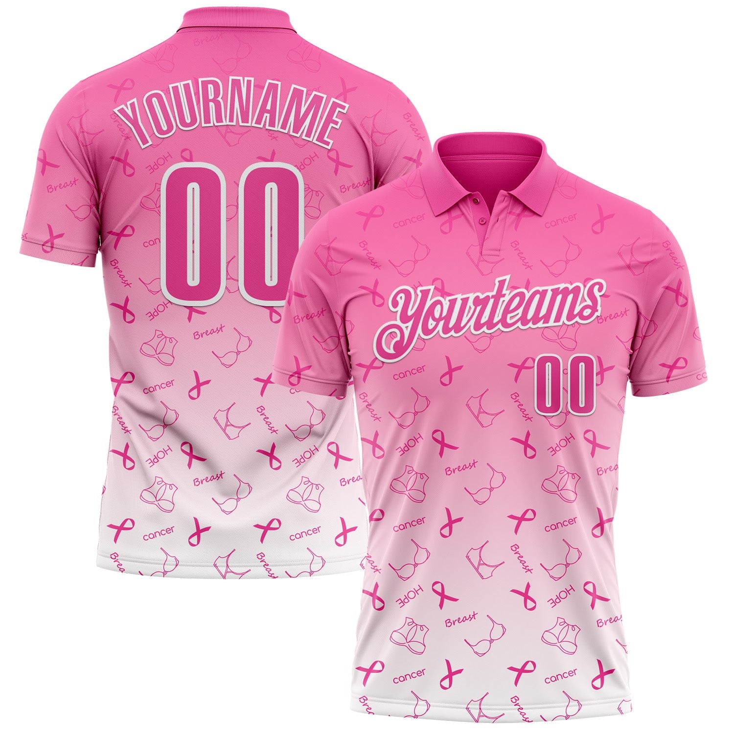 Custom Pink White 3D Gradient Pink Ribbon Breast Cancer Awareness Month Women Health Care Support Performance Polo Shirt - Main View