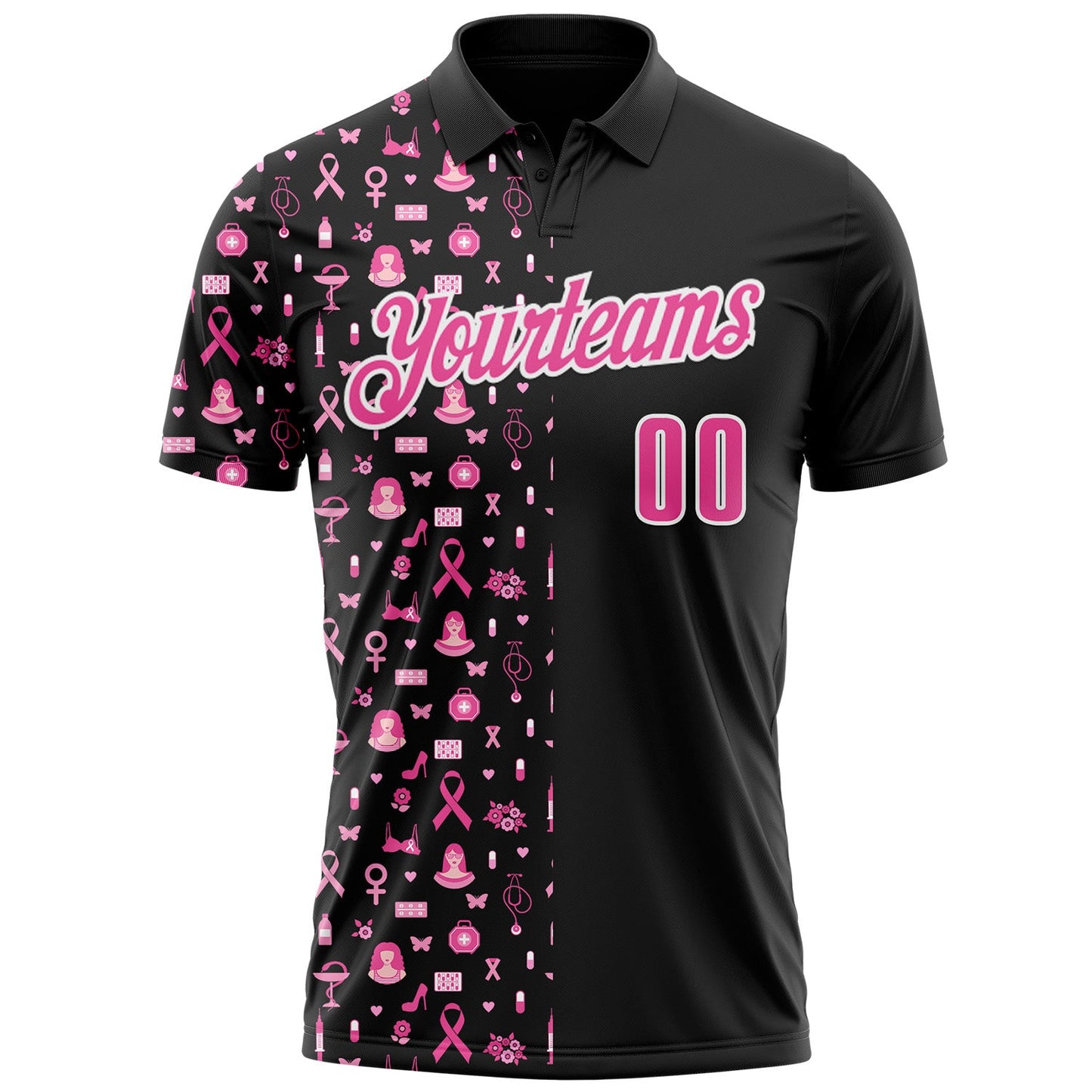Custom Black Pink-White 3D Pink Ribbon Breast Cancer Awareness Month Women Health Care Support Performance Polo Shirt view 2