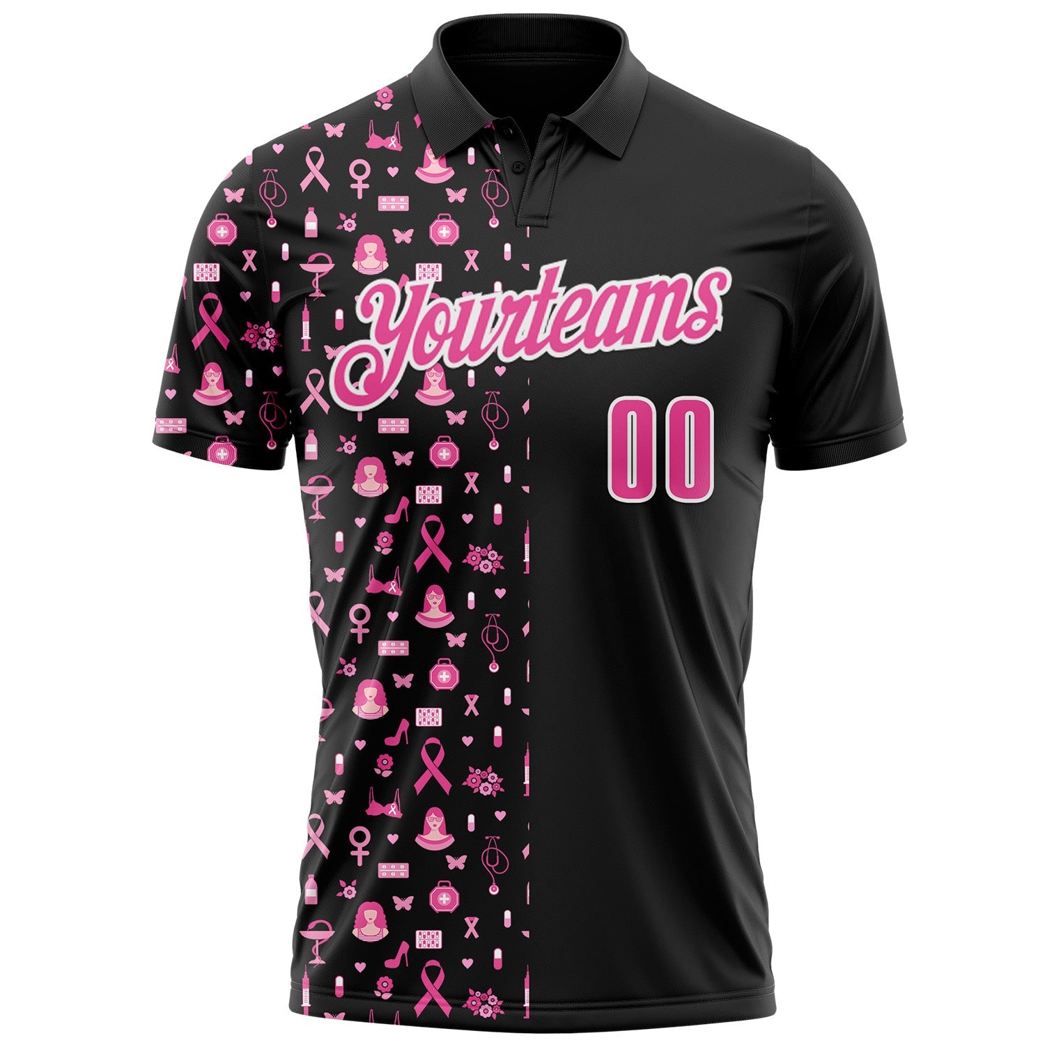 Custom Black Pink-White 3D Pink Ribbon Breast Cancer Awareness Month Women Health Care Support Performance Polo Shirt view 2