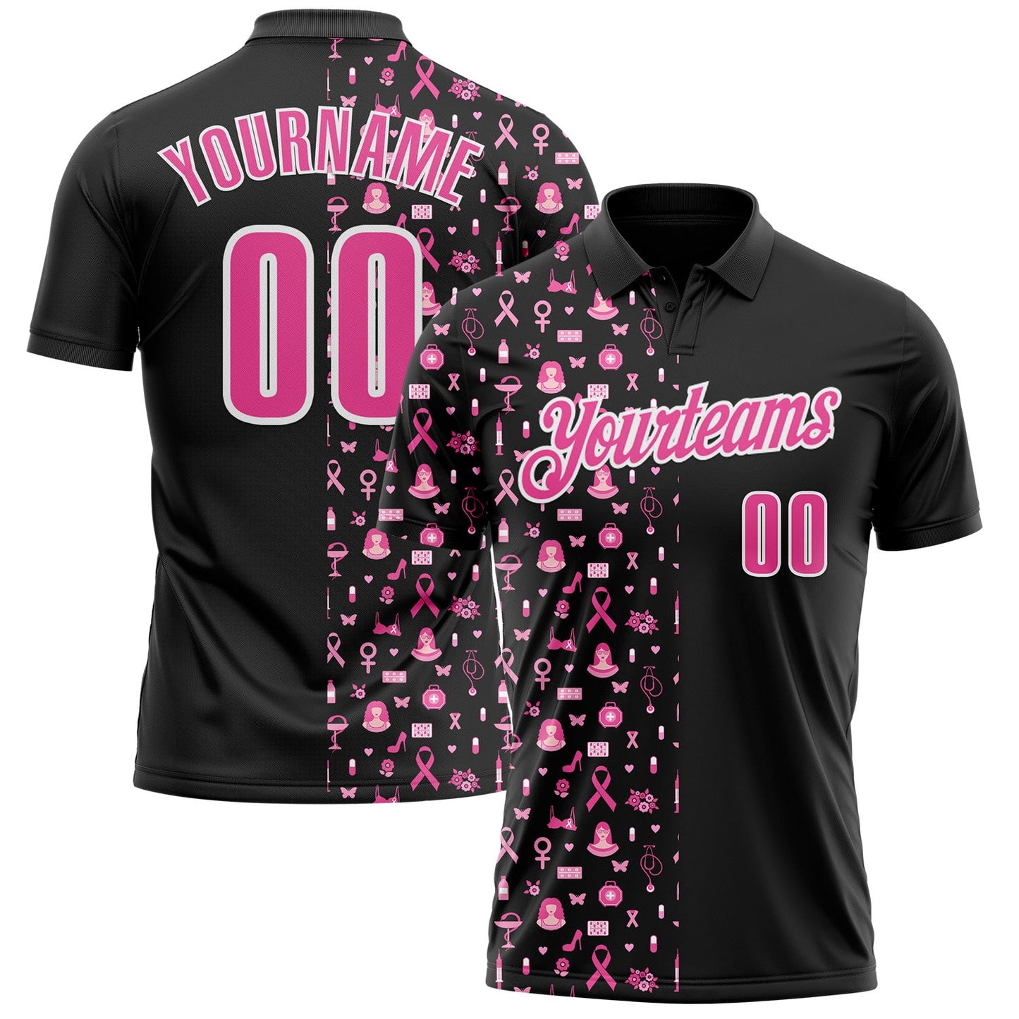Custom Black Pink-White 3D Pink Ribbon Breast Cancer Awareness Month Women Health Care Support Performance Polo Shirt - Main View