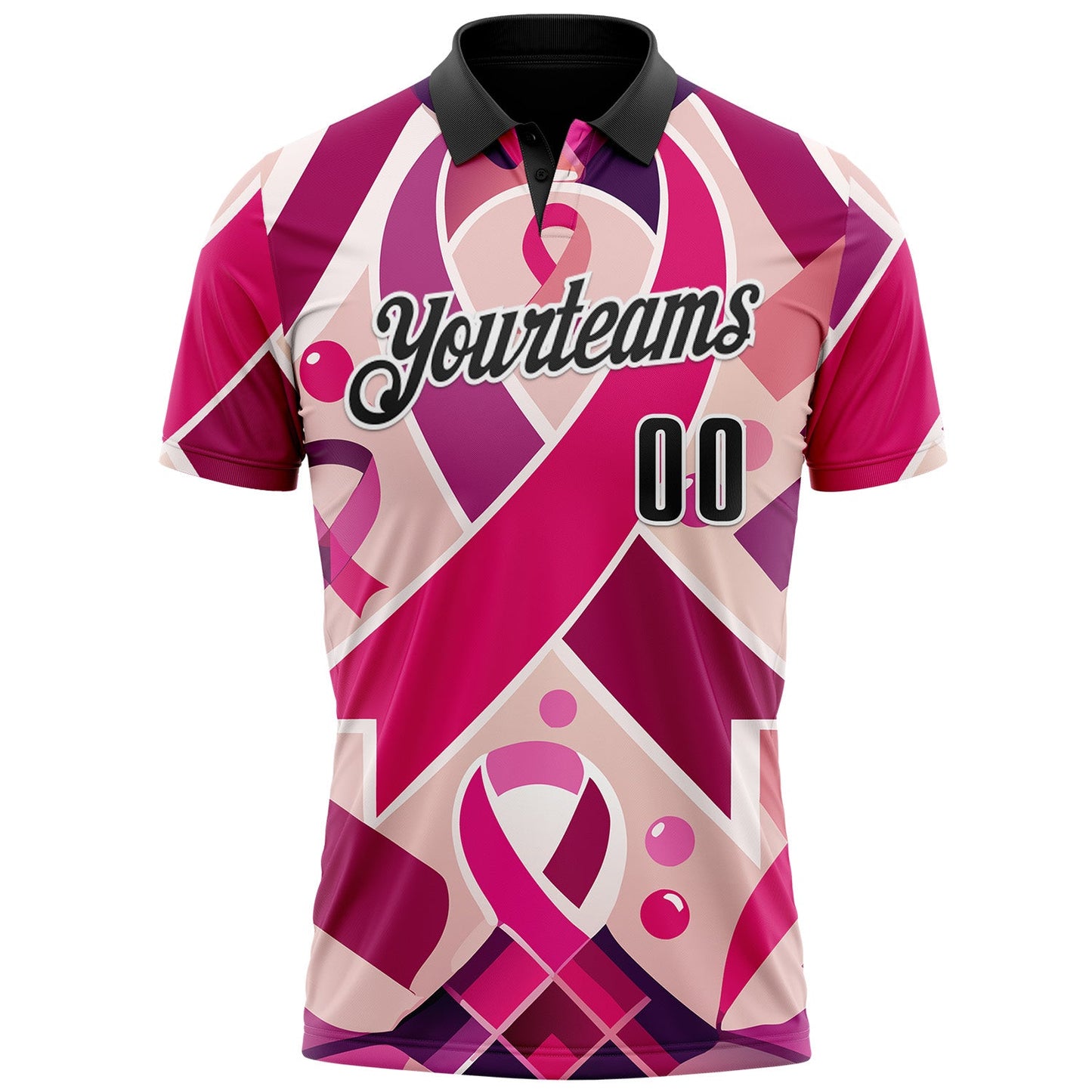 Custom Pink Black-White 3D Pink Ribbon Breast Cancer Awareness Month Women Health Care Support Performance Polo Shirt view 2