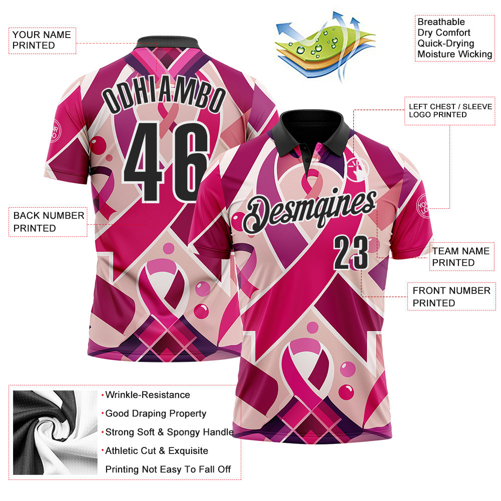 Custom Pink Black-White 3D Pink Ribbon Breast Cancer Awareness Month Women Health Care Support Performance Polo Shirt view 3