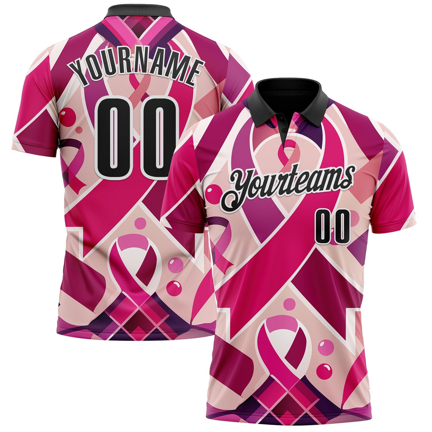 Custom Pink Black-White 3D Pink Ribbon Breast Cancer Awareness Month Women Health Care Support Performance Polo Shirt - Main View