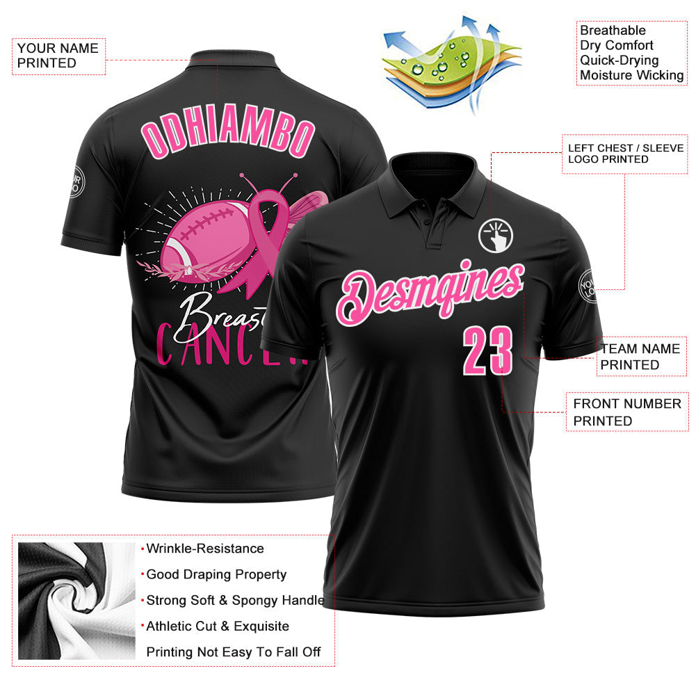 Custom Black Pink-White 3D Pink Ribbon Breast Cancer Awareness Month Women Health Care Support Footballl Performance Polo Shirt view 3