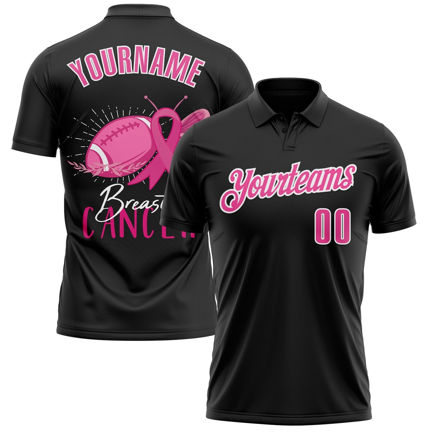 Custom Black Pink-White 3D Pink Ribbon Breast Cancer Awareness Month Women Health Care Support Footballl Performance Polo Shirt - Main View