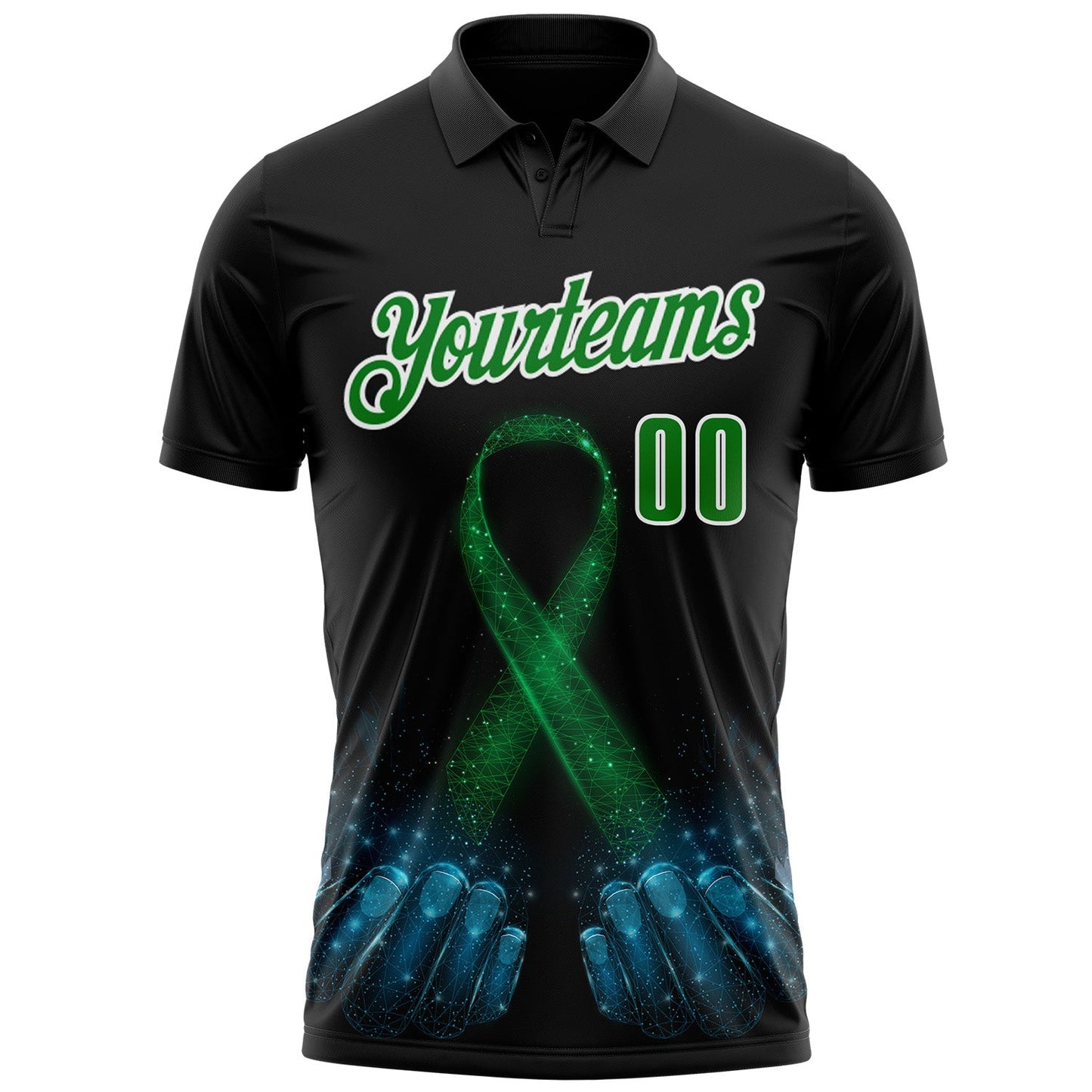 Custom Black Grass Green-White 3D Pattern Design Green Ribbon Liver Cancer Performance Polo Shirt view 2