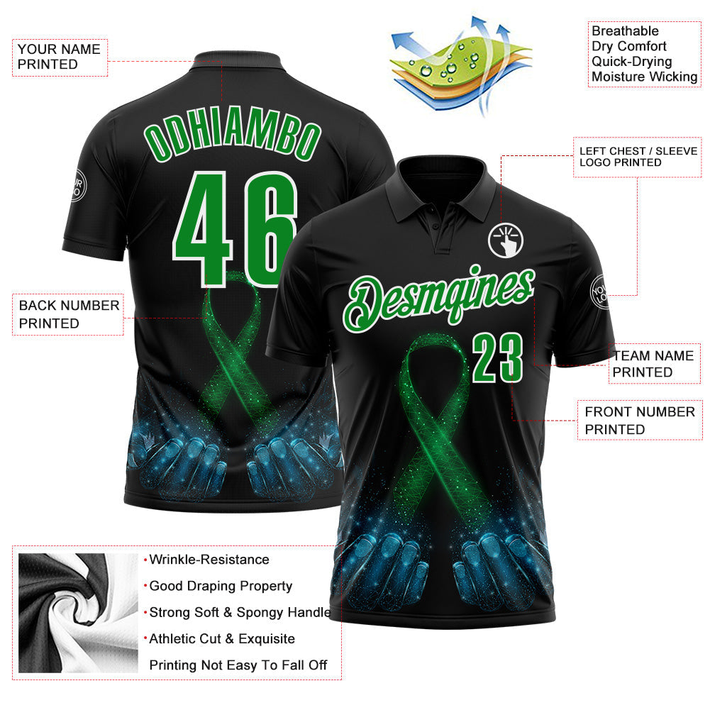 Custom Black Grass Green-White 3D Pattern Design Green Ribbon Liver Cancer Performance Polo Shirt view 3