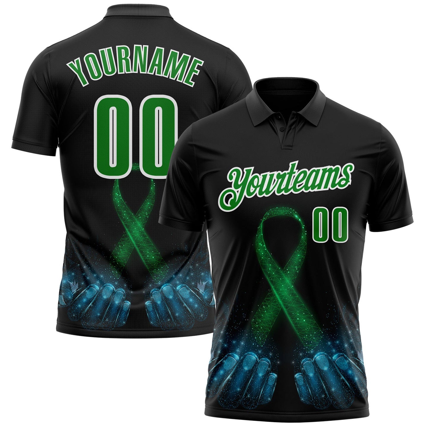 Custom Black Grass Green-White 3D Pattern Design Green Ribbon Liver Cancer Performance Polo Shirt - Main View
