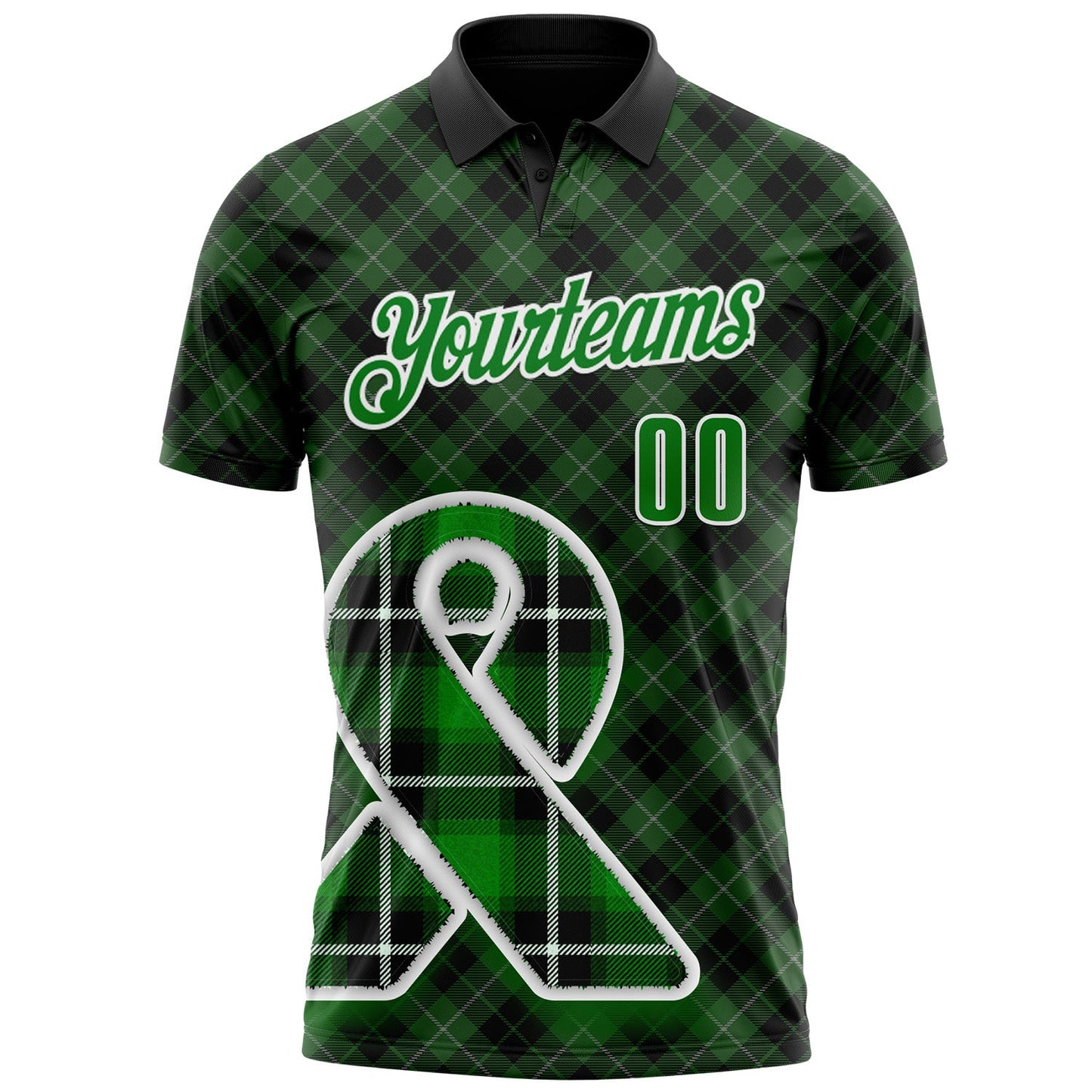 Custom Black Grass Green-White 3D Pattern Design Green Ribbon Liver Cancer Plaid Performance Polo Shirt view 2