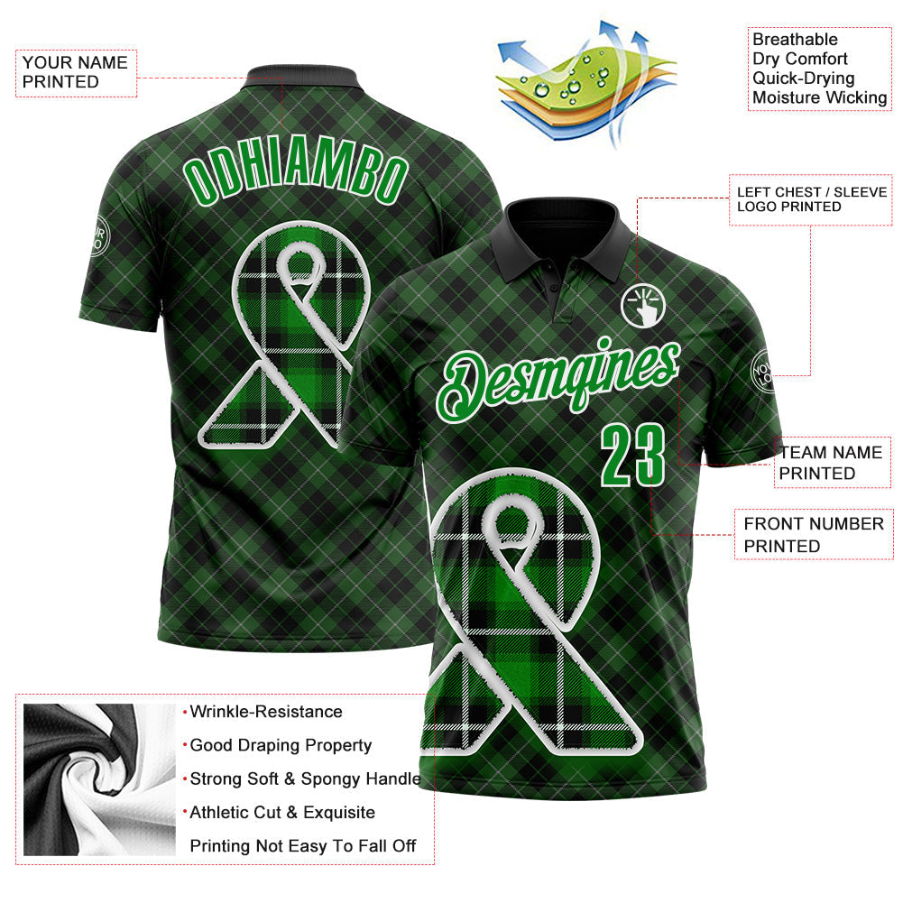 Custom Black Grass Green-White 3D Pattern Design Green Ribbon Liver Cancer Plaid Performance Polo Shirt view 3