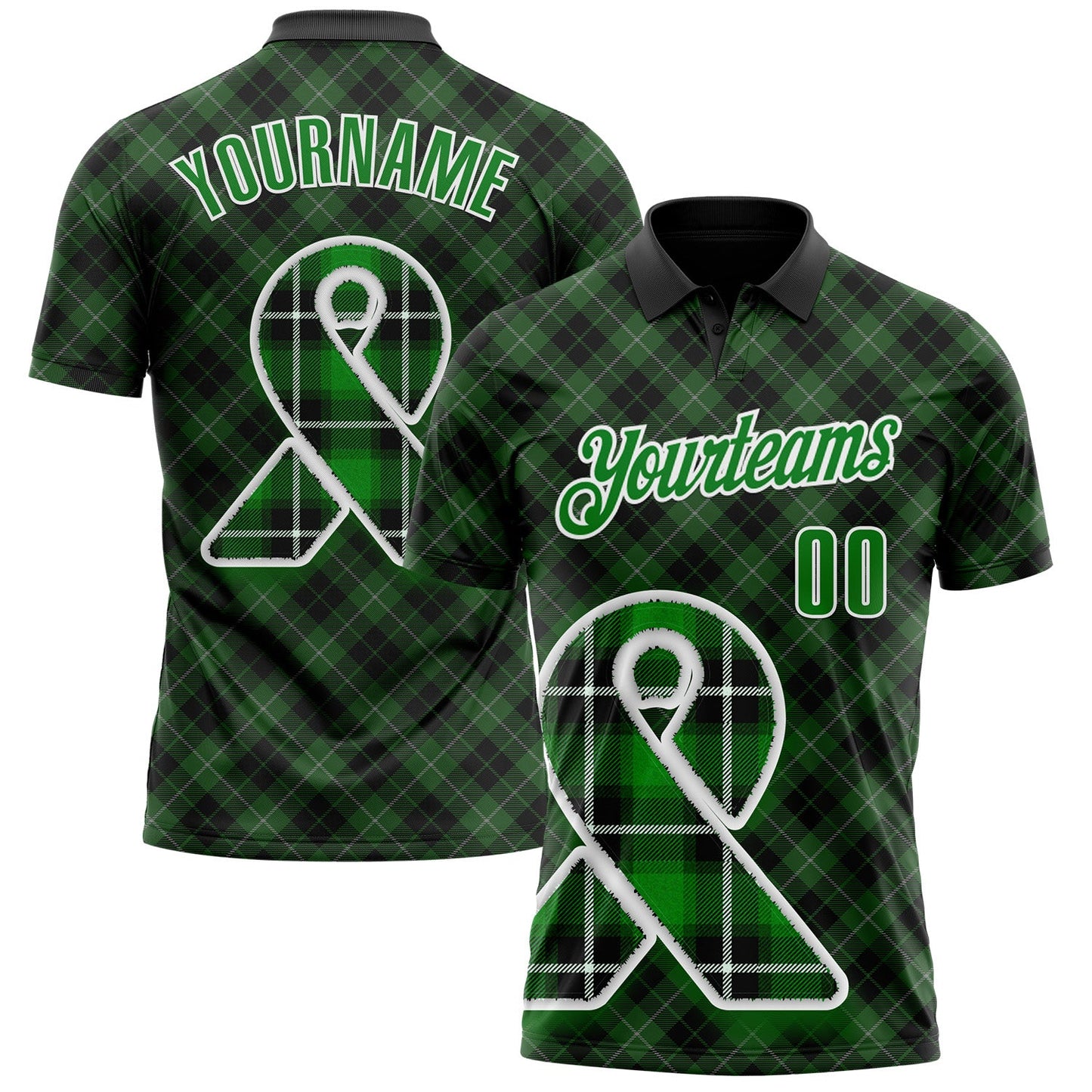 Custom Black Grass Green-White 3D Pattern Design Green Ribbon Liver Cancer Plaid Performance Polo Shirt - Main View