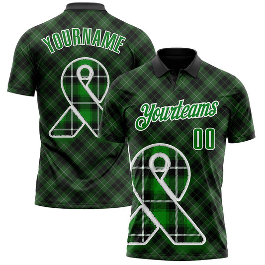 Custom Black Grass Green-White 3D Pattern Design Green Ribbon Liver Cancer Plaid Performance Polo Shirt - Main View