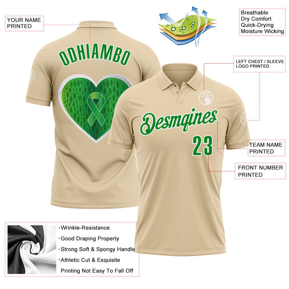 Custom City Cream Grass Green-White 3D Pattern Design Green Ribbon Liver Cancer Heart Performance Polo Shirt view 3