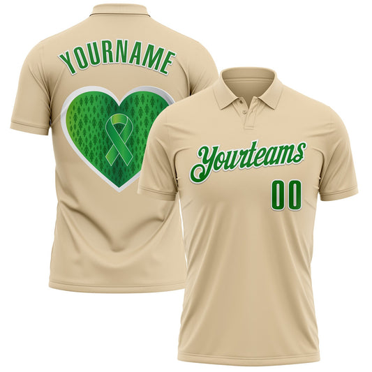 Custom City Cream Grass Green-White 3D Pattern Design Green Ribbon Liver Cancer Heart Performance Polo Shirt - Main View