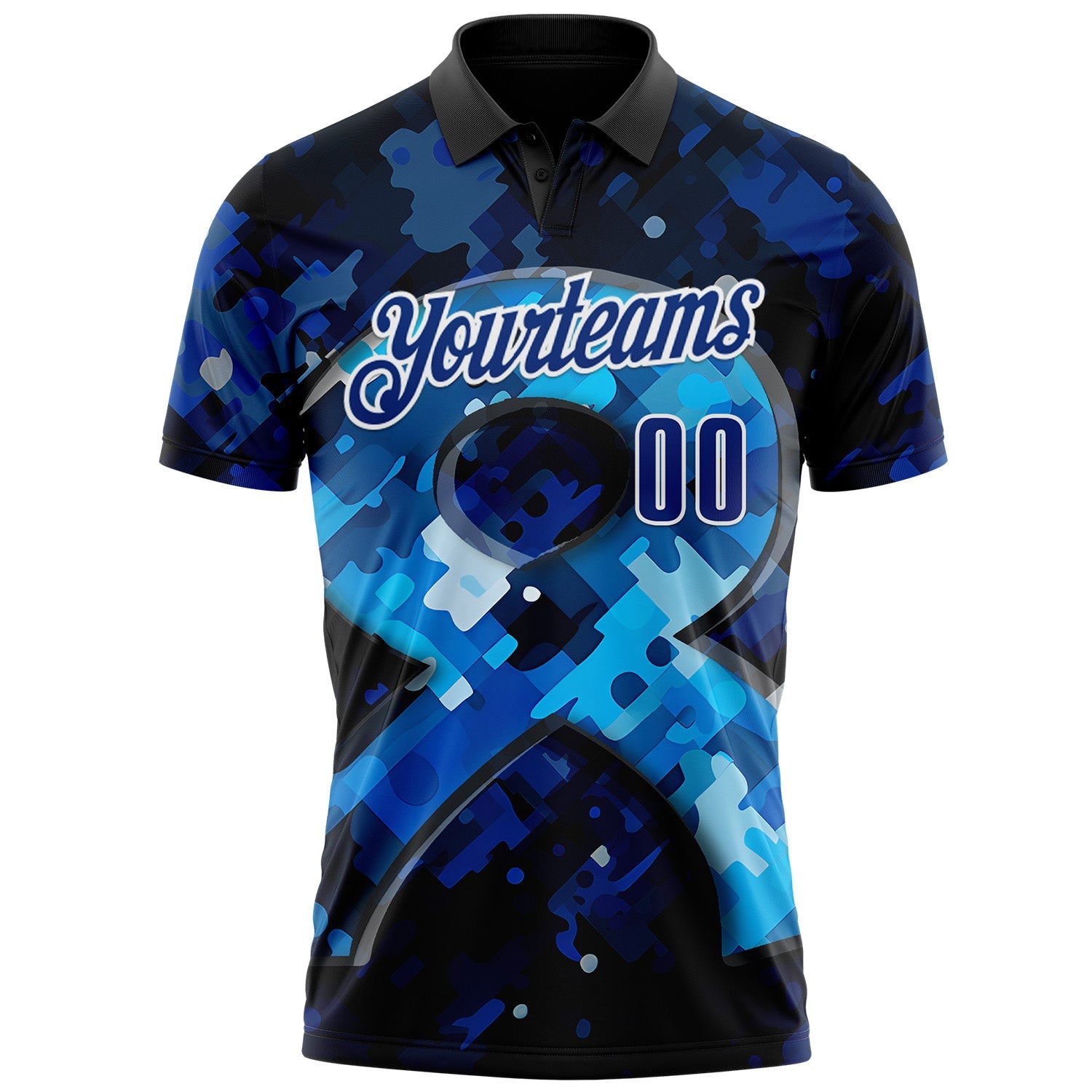 Custom Blue Royal-White 3D Pattern Design Dark Blue Ribbon Colorectal Cancer Awareness Colon Performance Polo Shirt view 2