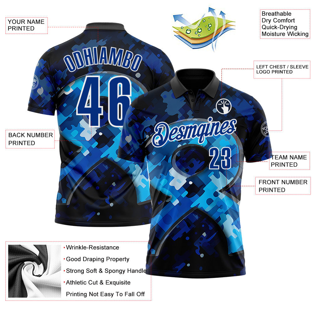Custom Blue Royal-White 3D Pattern Design Dark Blue Ribbon Colorectal Cancer Awareness Colon Performance Polo Shirt view 3
