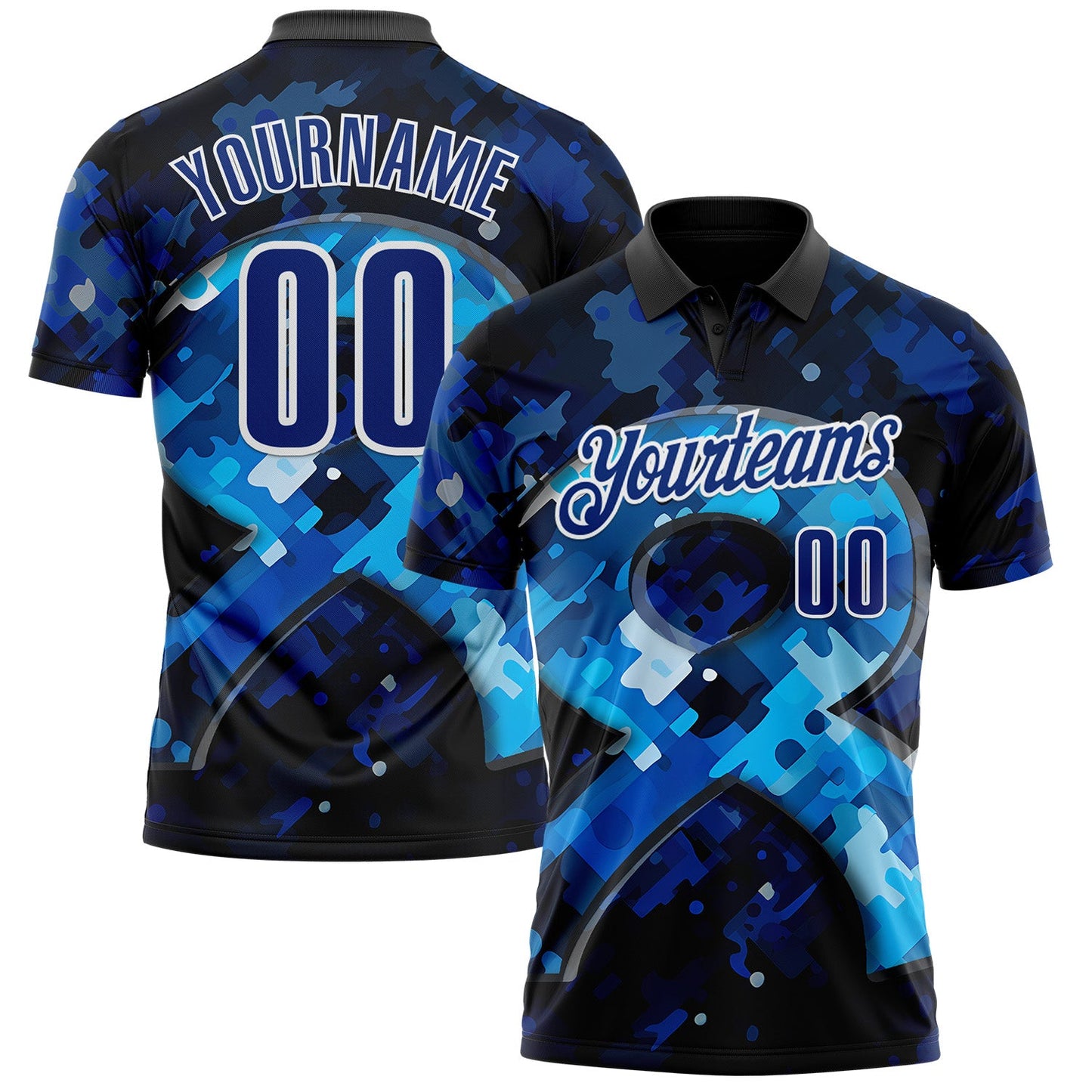 Custom Blue Royal-White 3D Pattern Design Dark Blue Ribbon Colorectal Cancer Awareness Colon Performance Polo Shirt - Main View