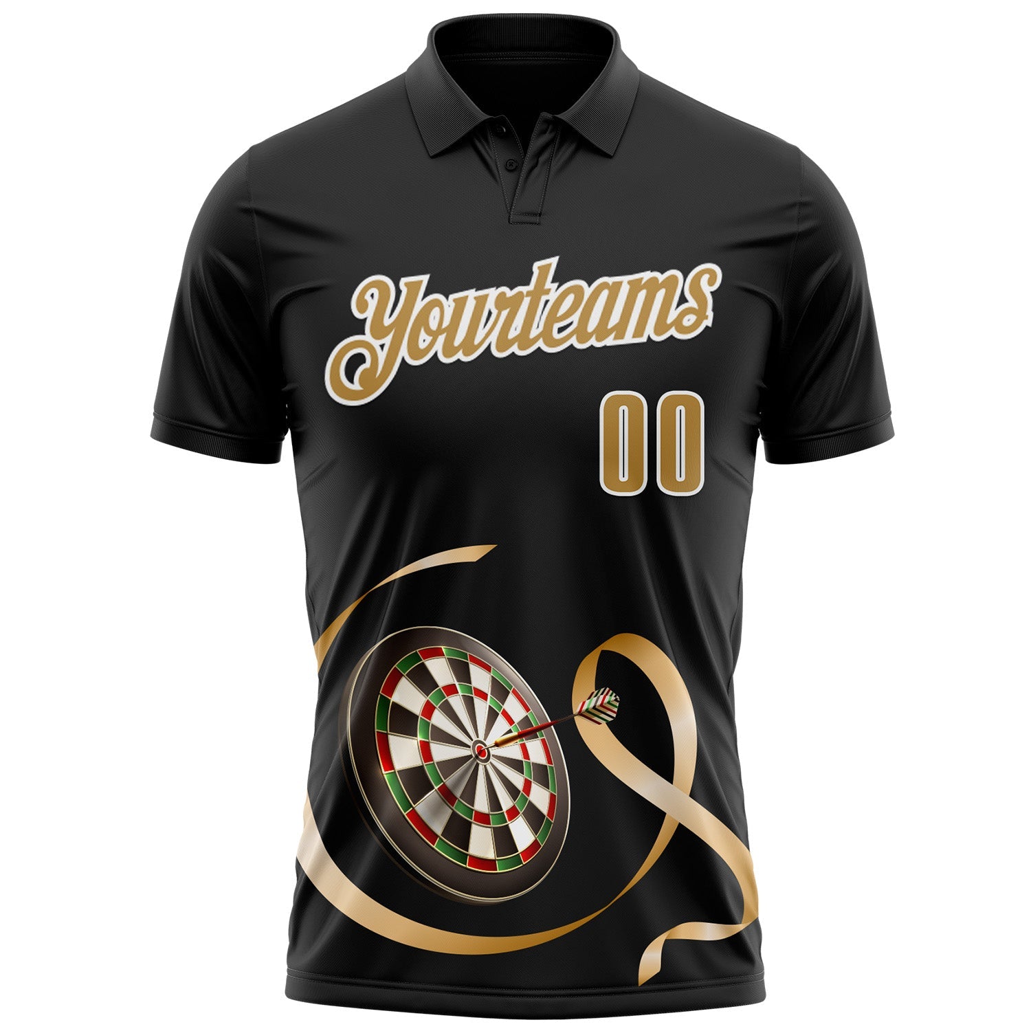 Custom Black Old Gold-White 3D Pattern Design Gold Ribbon Childhood Cancer Awareness Darts Performance Polo Shirt view 2