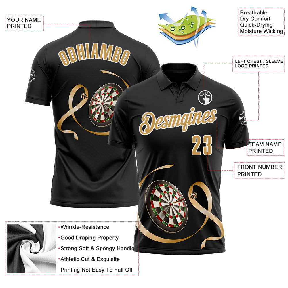 Custom Black Old Gold-White 3D Pattern Design Gold Ribbon Childhood Cancer Awareness Darts Performance Polo Shirt view 3