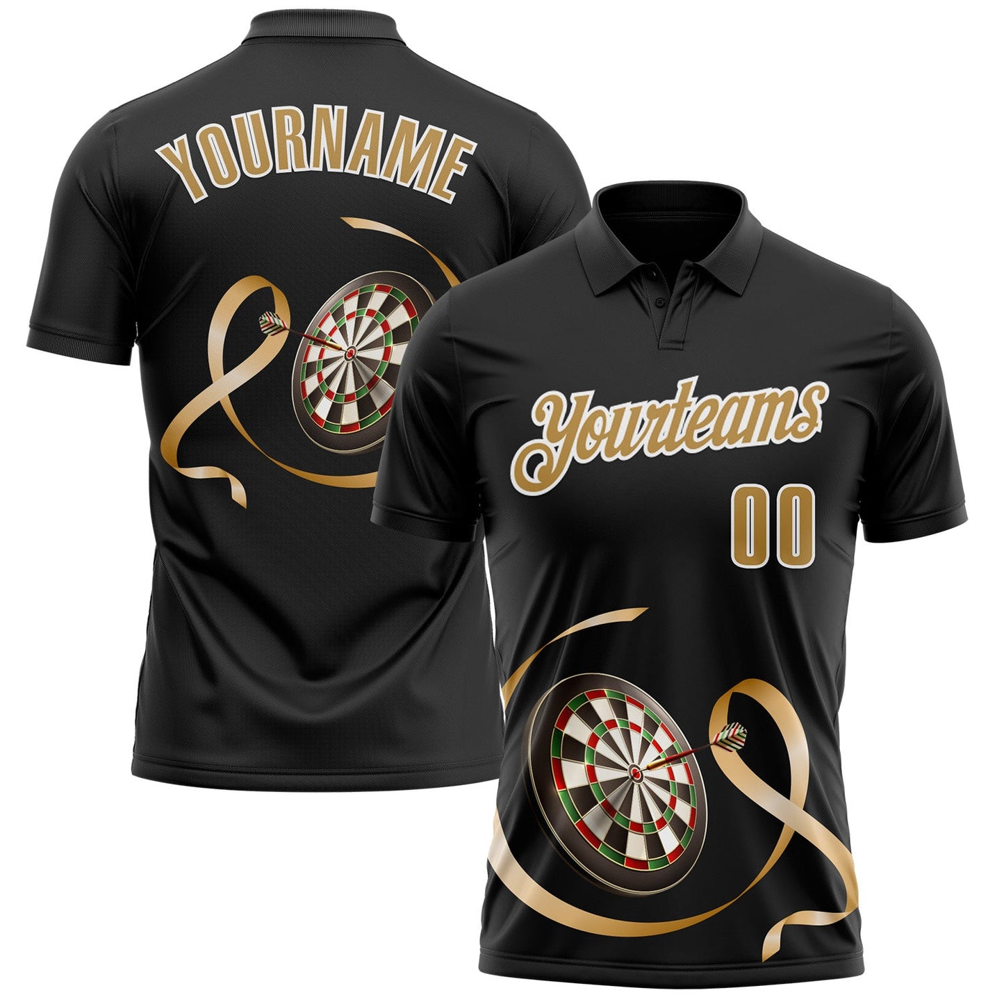Custom Black Old Gold-White 3D Pattern Design Gold Ribbon Childhood Cancer Awareness Darts Performance Polo Shirt - Main View