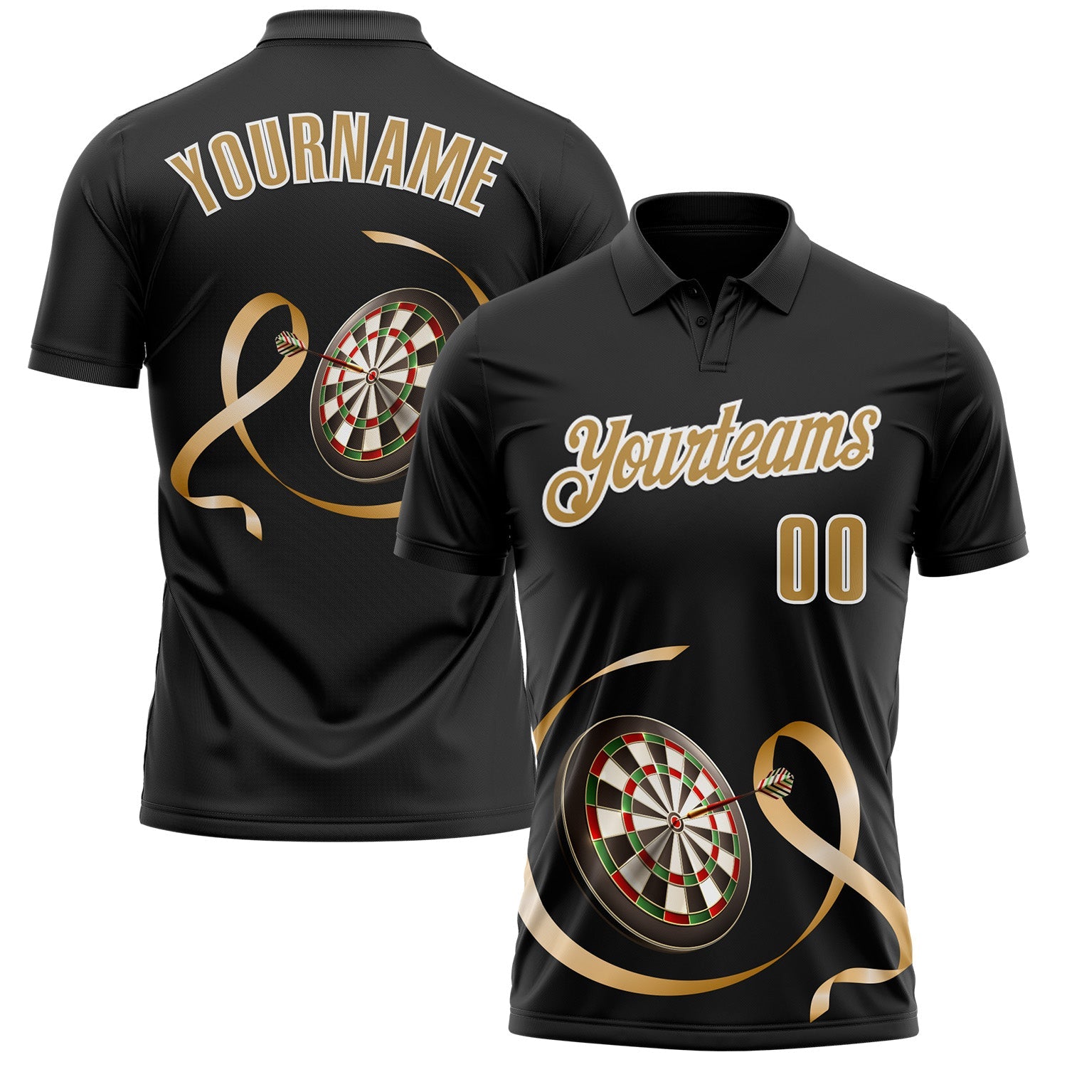 Custom Black Old Gold-White 3D Pattern Design Gold Ribbon Childhood Cancer Awareness Darts Performance Polo Shirt - Main View
