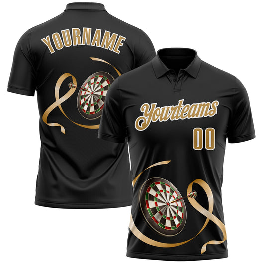 Custom Black Old Gold-White 3D Pattern Design Gold Ribbon Childhood Cancer Awareness Darts Performance Polo Shirt - Main View