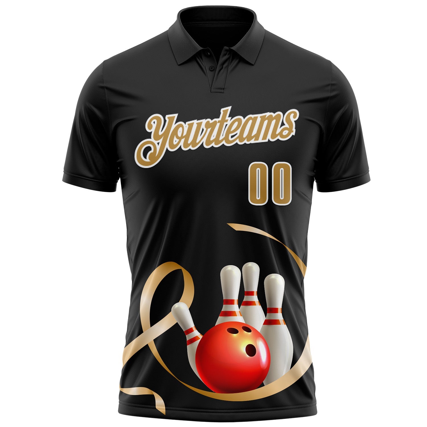 Custom Black Old Gold-White 3D Pattern Design Gold Ribbon Childhood Cancer Awareness Bowling Performance Polo Shirt view 2