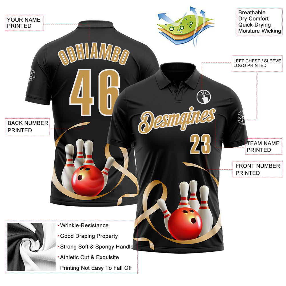 Custom Black Old Gold-White 3D Pattern Design Gold Ribbon Childhood Cancer Awareness Bowling Performance Polo Shirt view 3