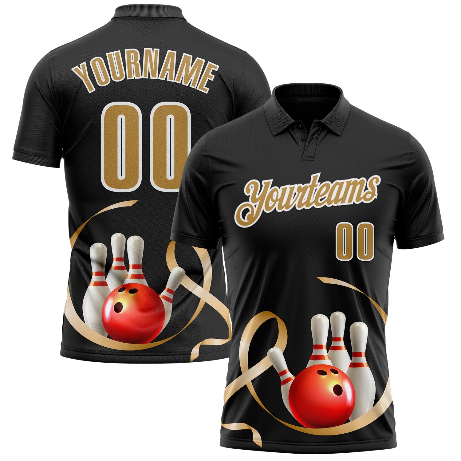 Custom Black Old Gold-White 3D Pattern Design Gold Ribbon Childhood Cancer Awareness Bowling Performance Polo Shirt - Main View