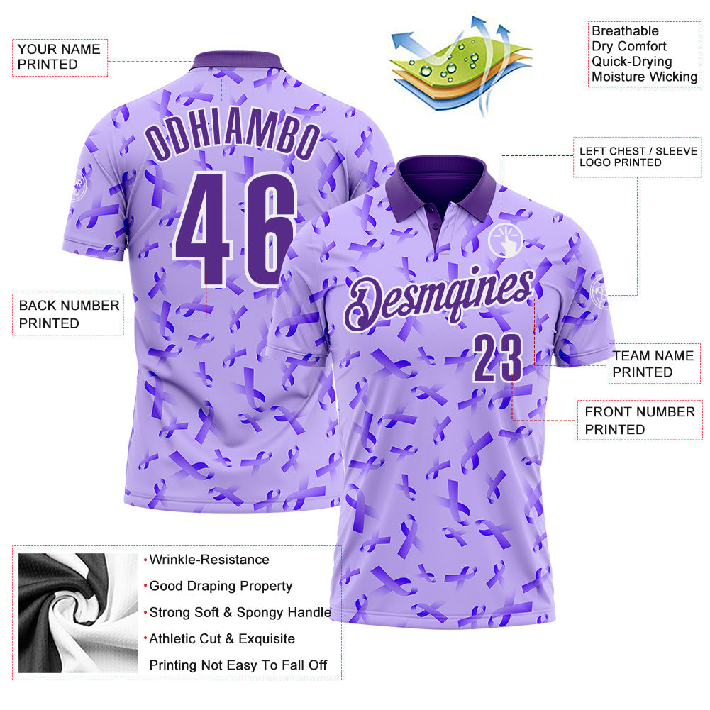Custom Purple White 3D Pattern Design Purple Ribbon Gynecological Cancer Awareness Performance Polo Shirt view 3