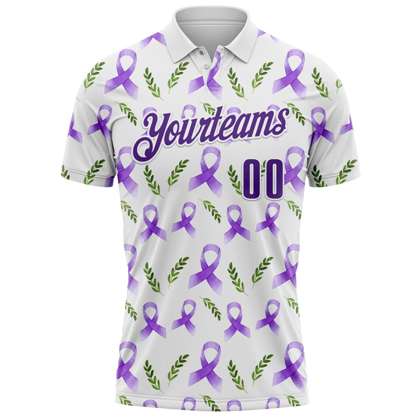 Custom White Purple 3D Pattern Design Purple Ribbon Pancreatic Cancer Awareness Performance Polo Shirt view 2