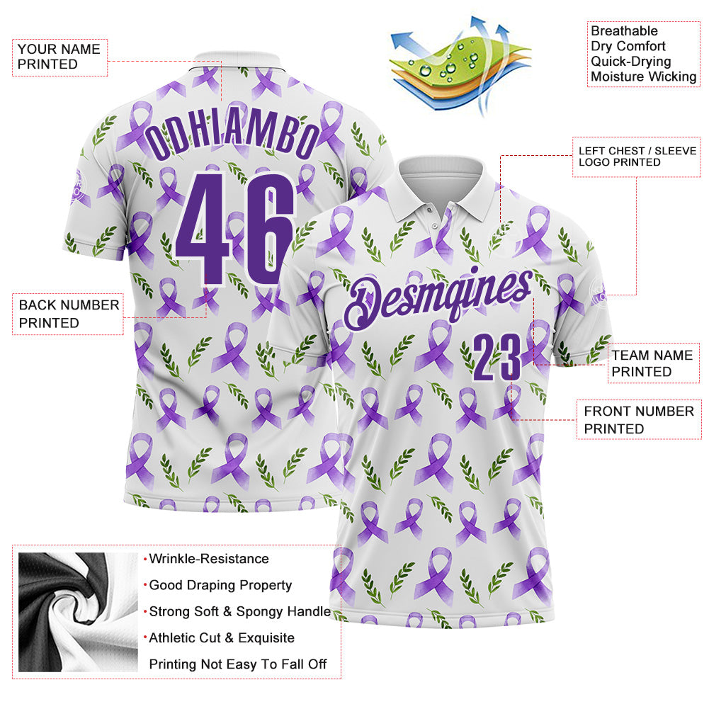 Custom White Purple 3D Pattern Design Purple Ribbon Pancreatic Cancer Awareness Performance Polo Shirt view 3