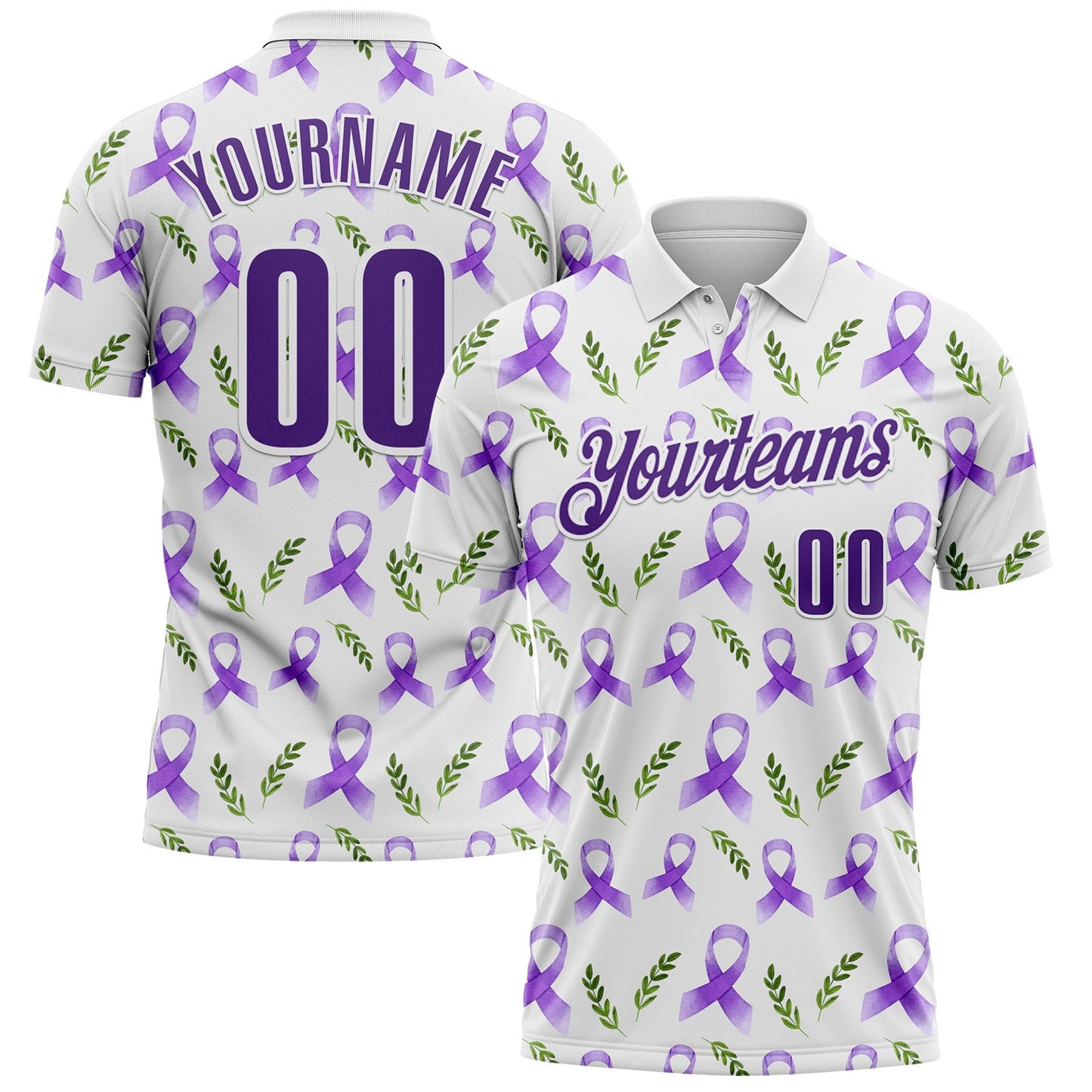 Custom White Purple 3D Pattern Design Purple Ribbon Pancreatic Cancer Awareness Performance Polo Shirt - Main View