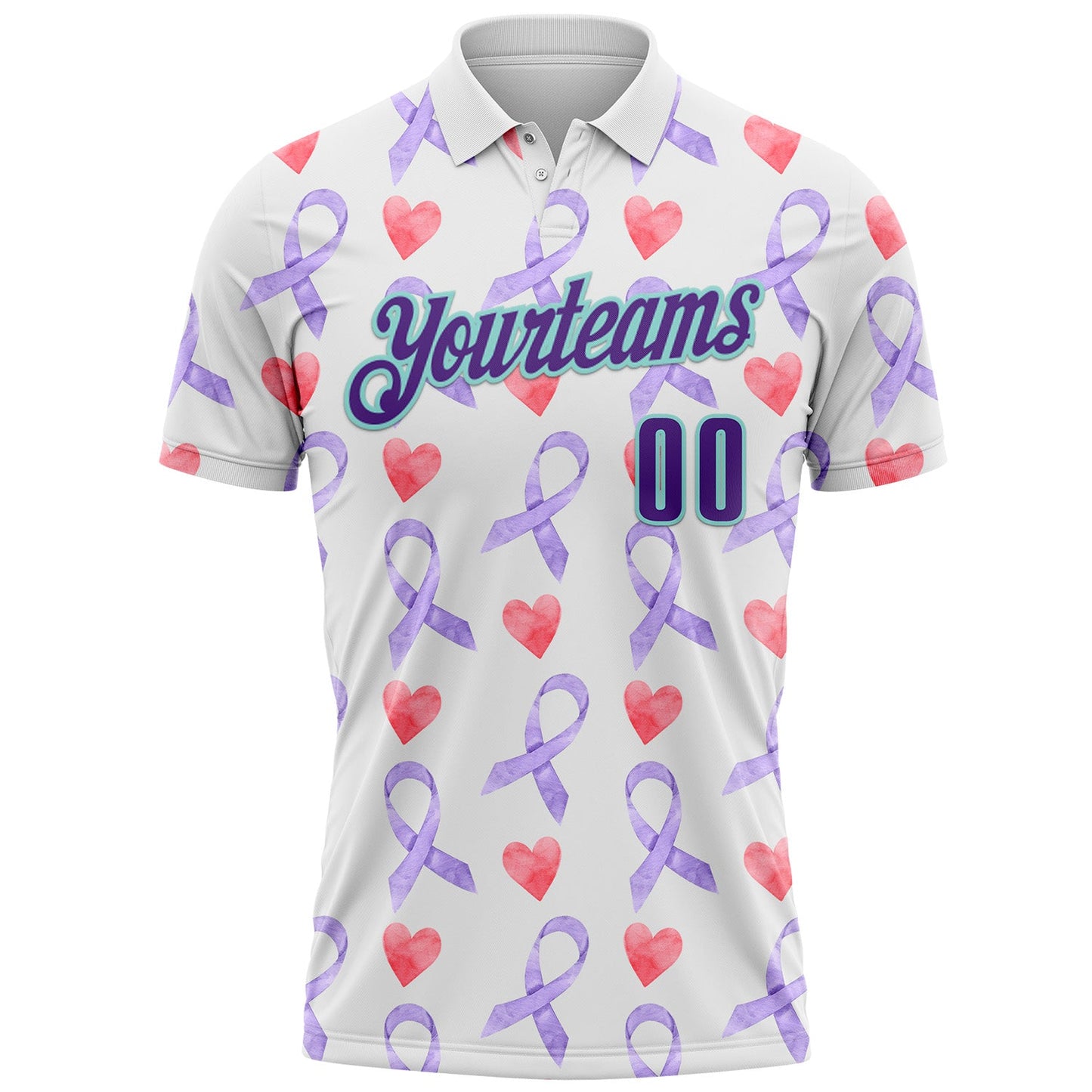 Custom White Purple-Ice Blue 3D Pattern Design Perwinkle Ribbon Gastric Cancer Awareness Hearts Performance Polo Shirt view 2