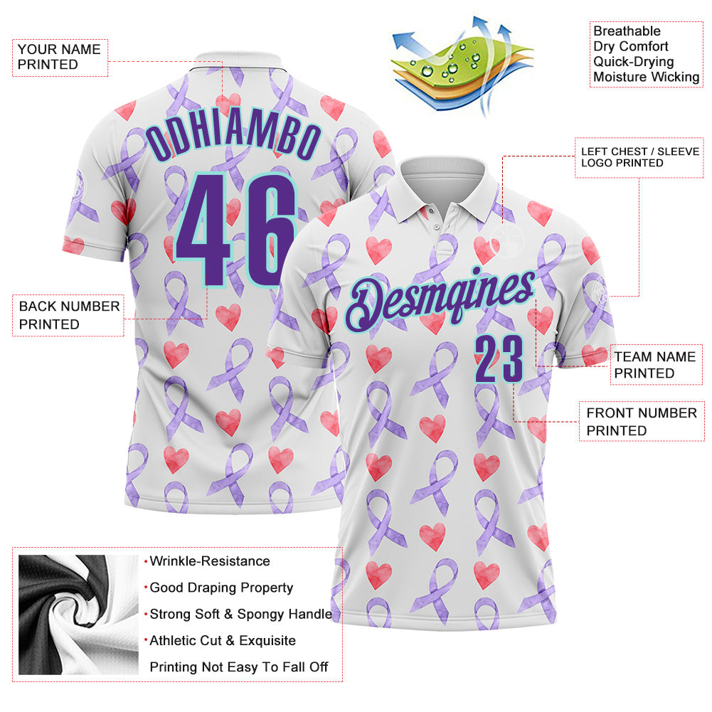 Custom White Purple-Ice Blue 3D Pattern Design Perwinkle Ribbon Gastric Cancer Awareness Hearts Performance Polo Shirt view 3