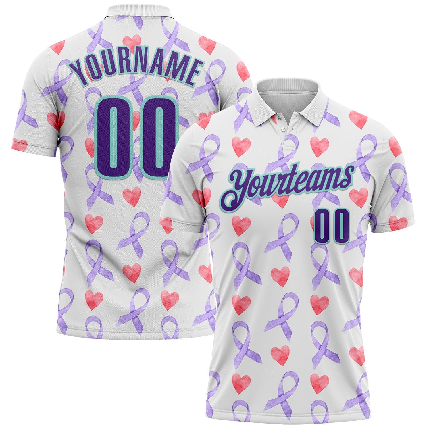 Custom White Purple-Ice Blue 3D Pattern Design Perwinkle Ribbon Gastric Cancer Awareness Hearts Performance Polo Shirt - Main View