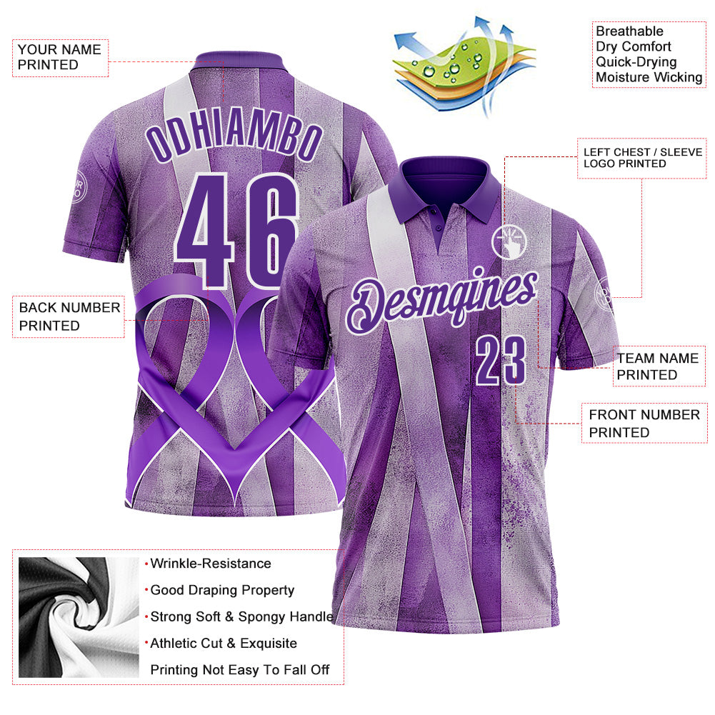 Custom Purple White 3D Pattern Design Purple Ribbon Testicular Cancer Awareness Performance Polo Shirt view 3