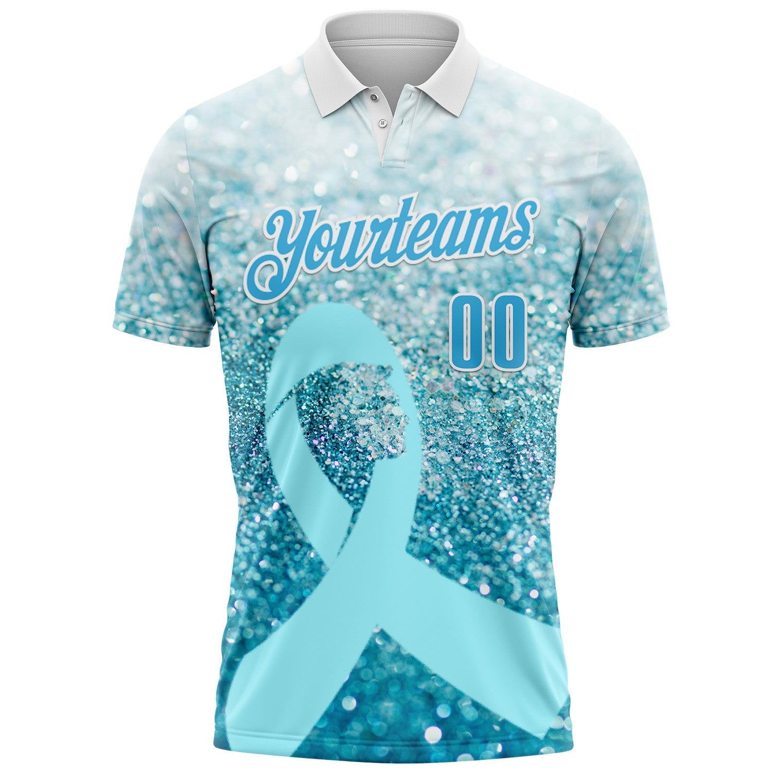 Custom White Sky Blue 3D Pattern Design Light Blue Ribbon Prostate Cancer Awareness Sprinkle Performance Polo Shirt view 2