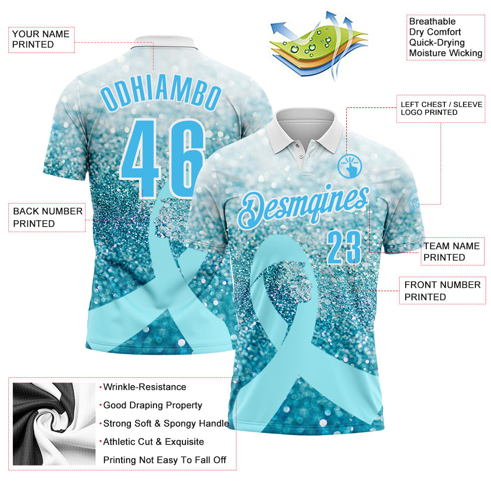 Custom White Sky Blue 3D Pattern Design Light Blue Ribbon Prostate Cancer Awareness Sprinkle Performance Polo Shirt view 3