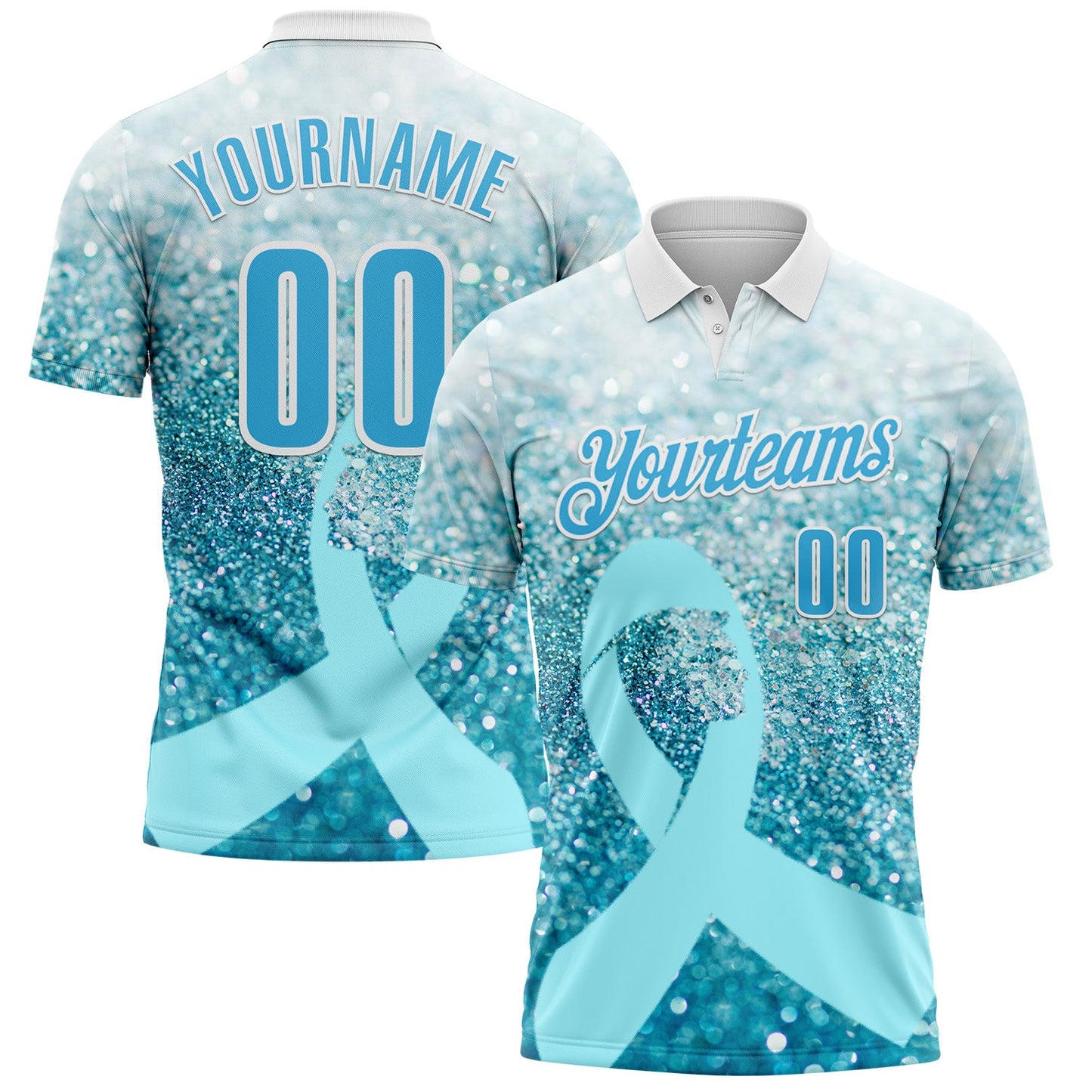 Custom White Sky Blue 3D Pattern Design Light Blue Ribbon Prostate Cancer Awareness Sprinkle Performance Polo Shirt - Main View