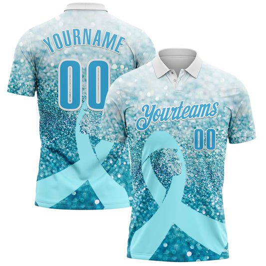 Custom White Sky Blue 3D Pattern Design Light Blue Ribbon Prostate Cancer Awareness Sprinkle Performance Polo Shirt - Main View