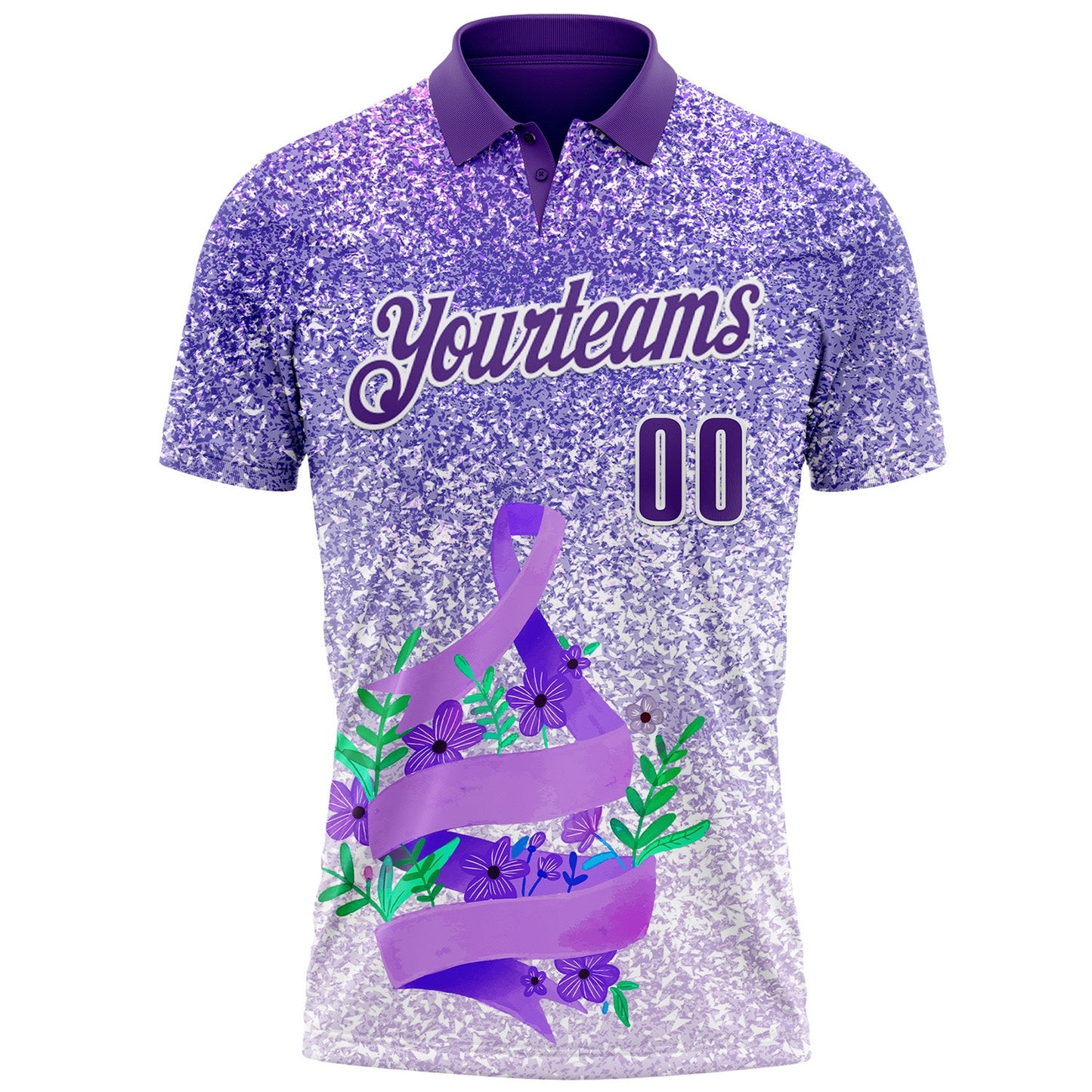 Custom Purple White 3D Pattern Design Perwinkle Ribbon Gastric Cancer Awareness Sprinkle Performance Polo Shirt view 2