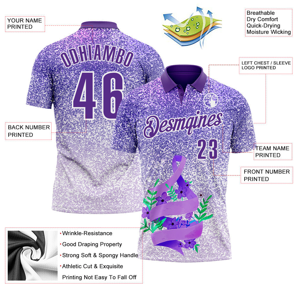 Custom Purple White 3D Pattern Design Perwinkle Ribbon Gastric Cancer Awareness Sprinkle Performance Polo Shirt view 3