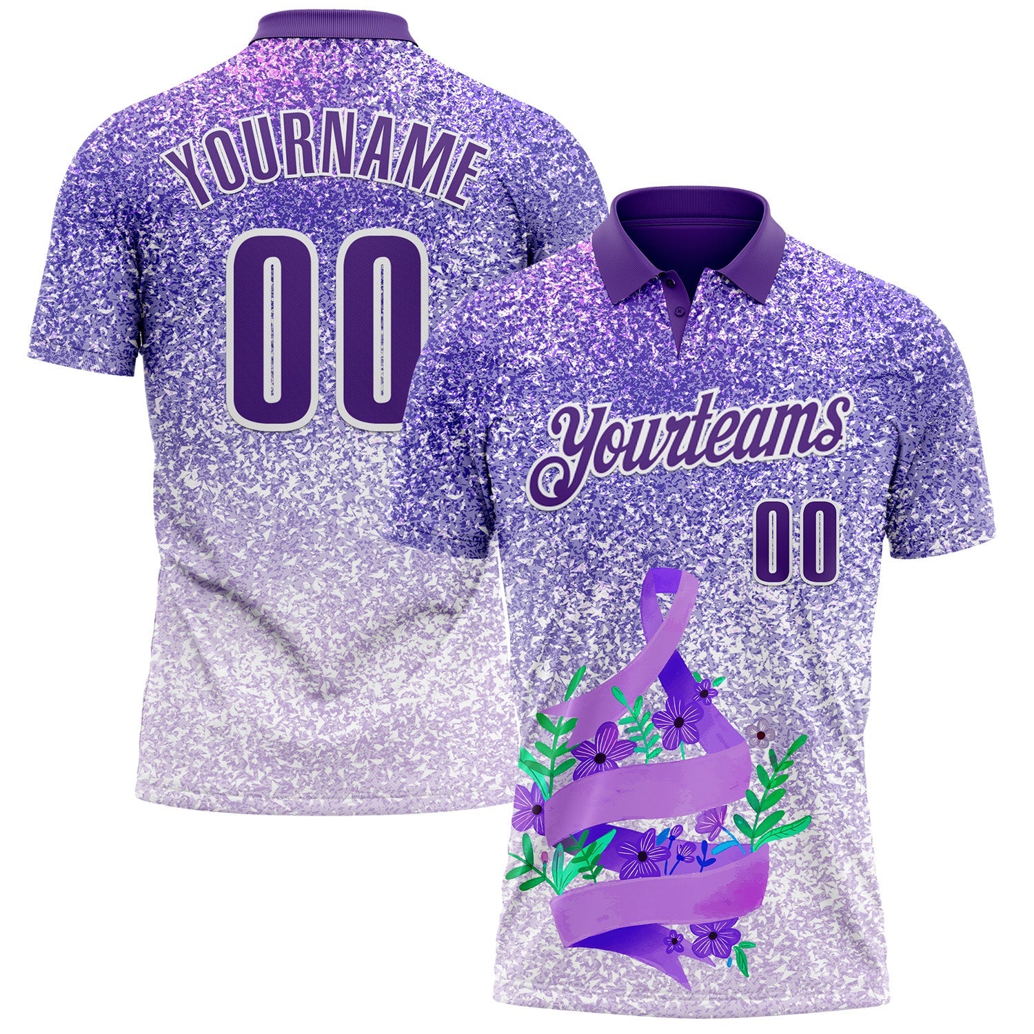 Custom Purple White 3D Pattern Design Perwinkle Ribbon Gastric Cancer Awareness Sprinkle Performance Polo Shirt - Main View