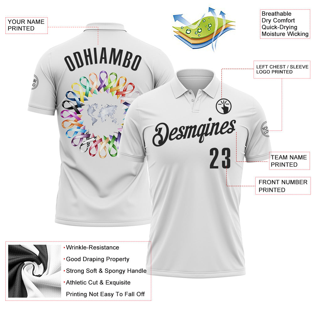 Custom White Black 3D Pattern Design Ribbon Cancer Awareness World Cancer Day Performance Polo Shirt view 3